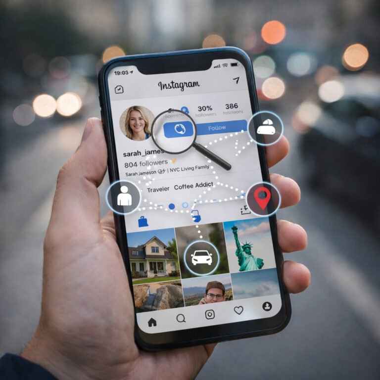 A smartphone showing a social media profile with OSINT-style overlays connecting personal details to locations and identity.