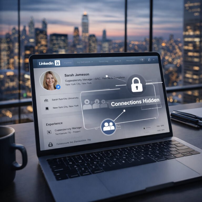 A laptop displaying a LinkedIn profile with a privacy lock overlay, illustrating how to use LinkedIn safely and reduce OSINT exposure.