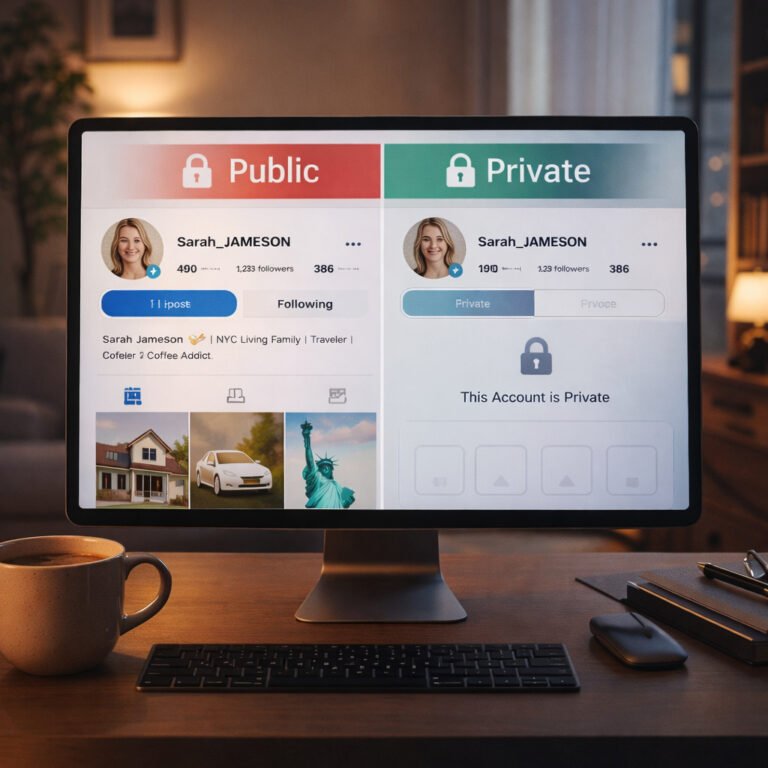 A smartphone showing a public vs private social media profile split screen with lock icons, illustrating privacy settings and digital footprint risk.
