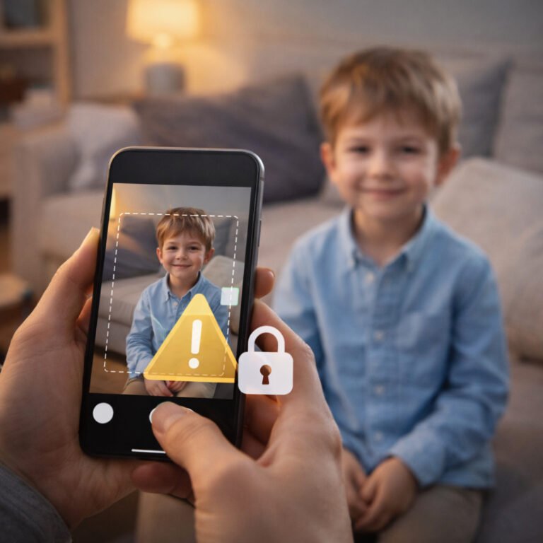 Parent taking a photo of a child with a subtle privacy warning overlay, illustrating how to protect kids privacy on social media.