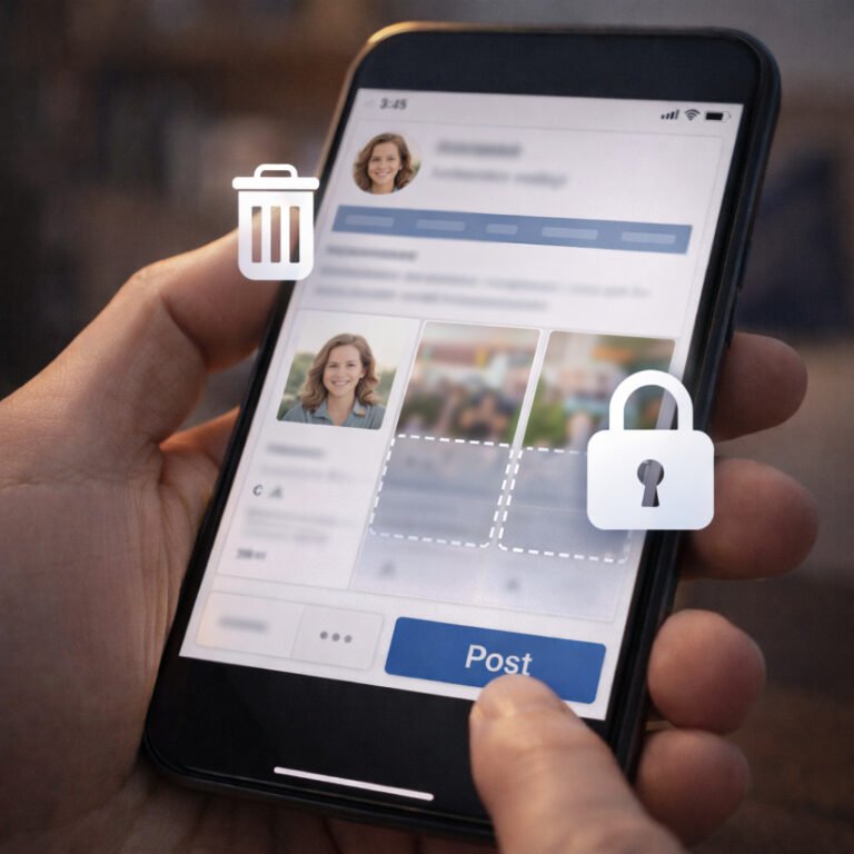 A smartphone showing a social media profile with delete and lock icons, illustrating how to reduce digital footprint on social media.