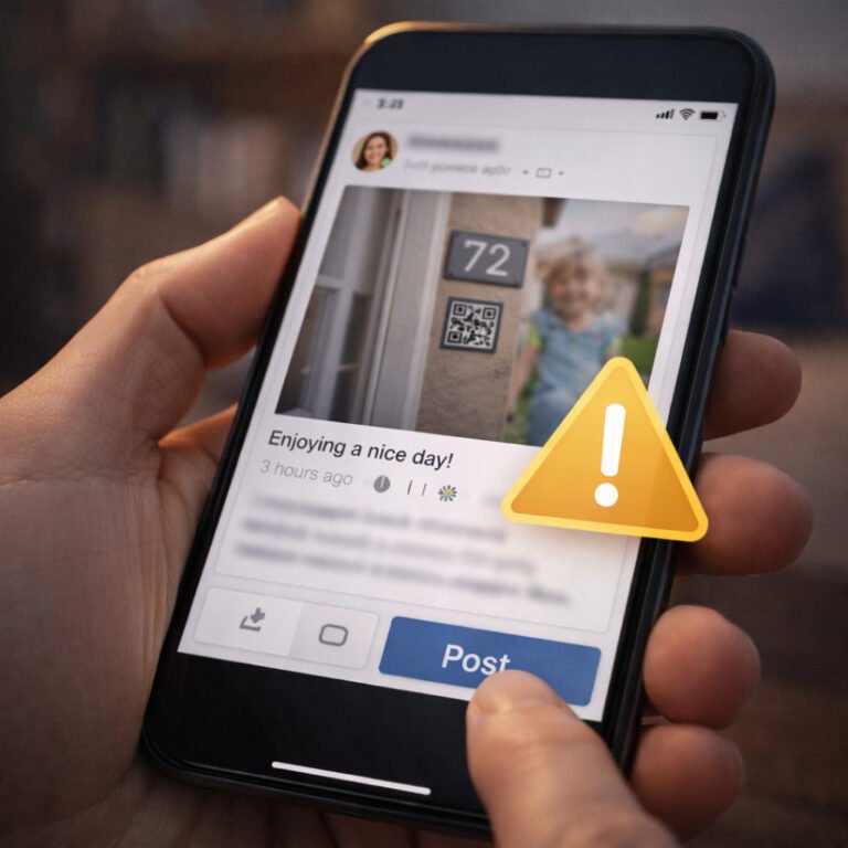A smartphone showing a social media post with a finger about to press the post button and a warning icon highlighting privacy risks.