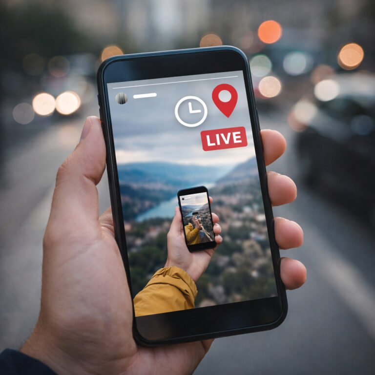 A smartphone showing a live social media story with clock and location icons, illustrating why posting in real time is risky