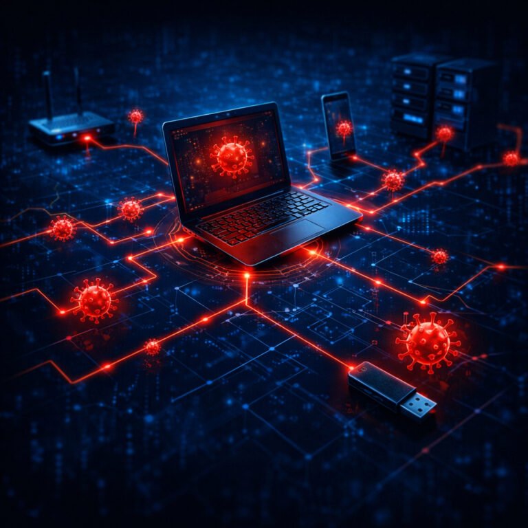 Malware spreading across a digital network from an infected laptop to multiple connected devices
