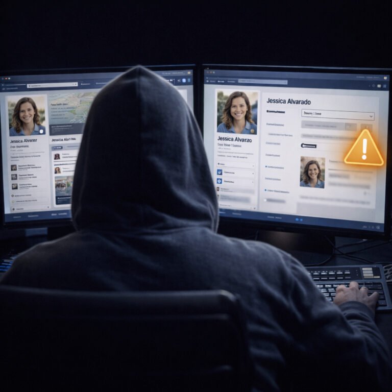 A hooded scammer creating a fake social media profile using stolen photos on dual computer monitors.