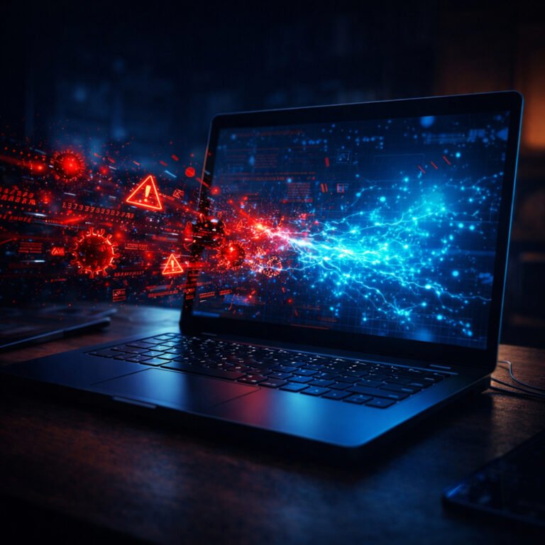 Malware being removed from a laptop with red virus elements dissolving into blue protective digital energy