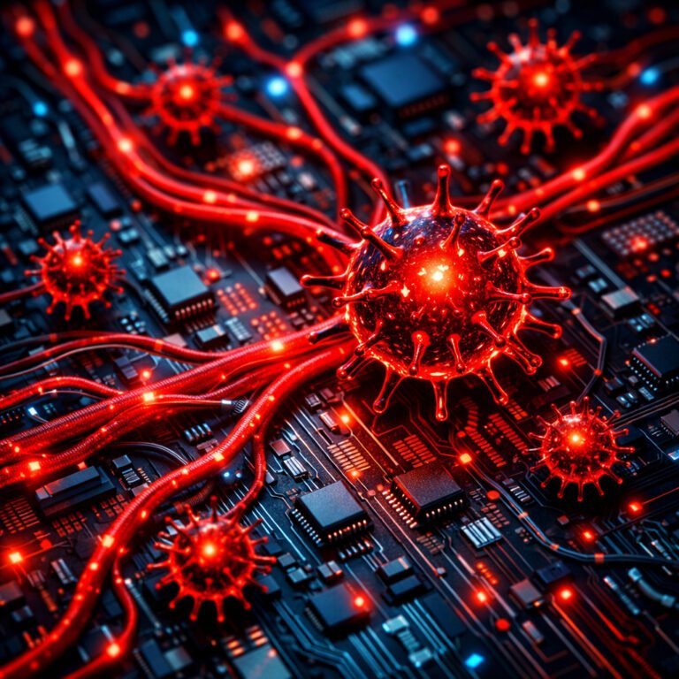 Malware spreading through a digital circuit network like a virus in a bloodstream
