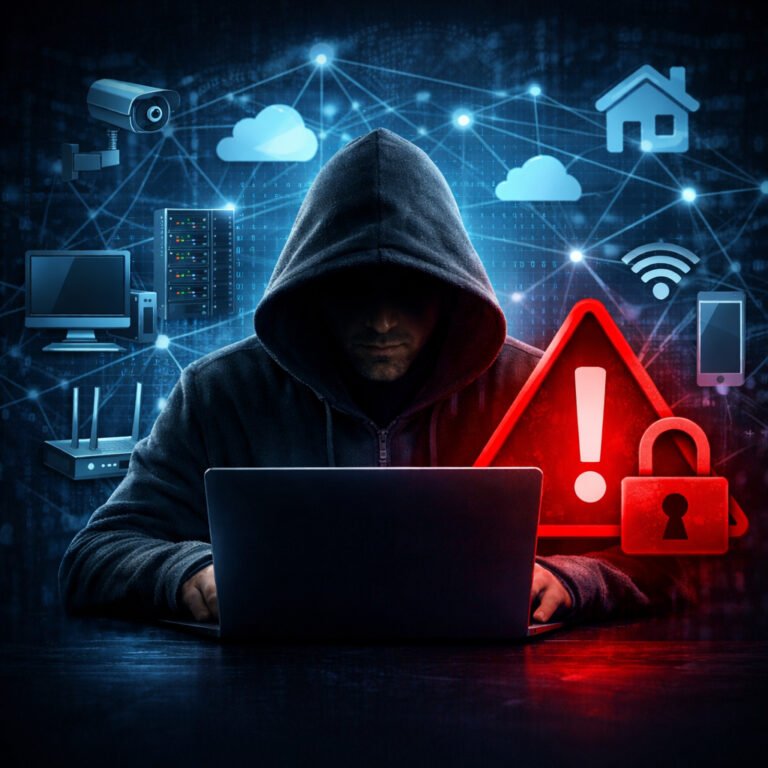 Illustration of network security threats showing a hacker, connected devices, and warning symbols in a modern digital network