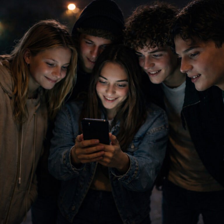 Group of teenagers standing in a semicircle looking at private messages on a smartphone at night