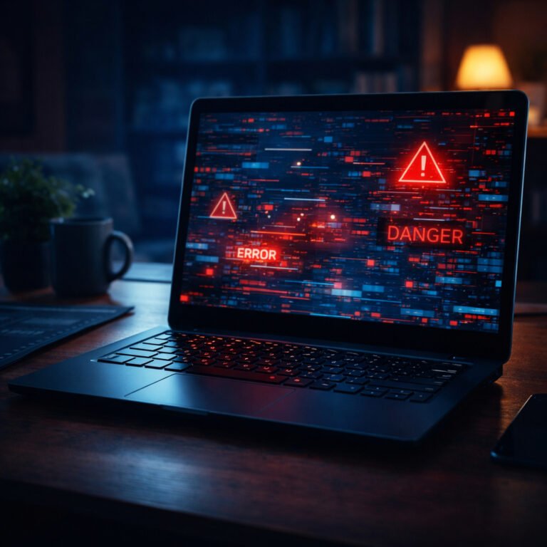 Laptop in a cozy workspace showing a glitching screen with red warning elements indicating possible malware infection