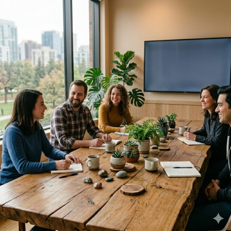 Small business team discussing work at laptop in office, representing cybersecurity training and safe habits
