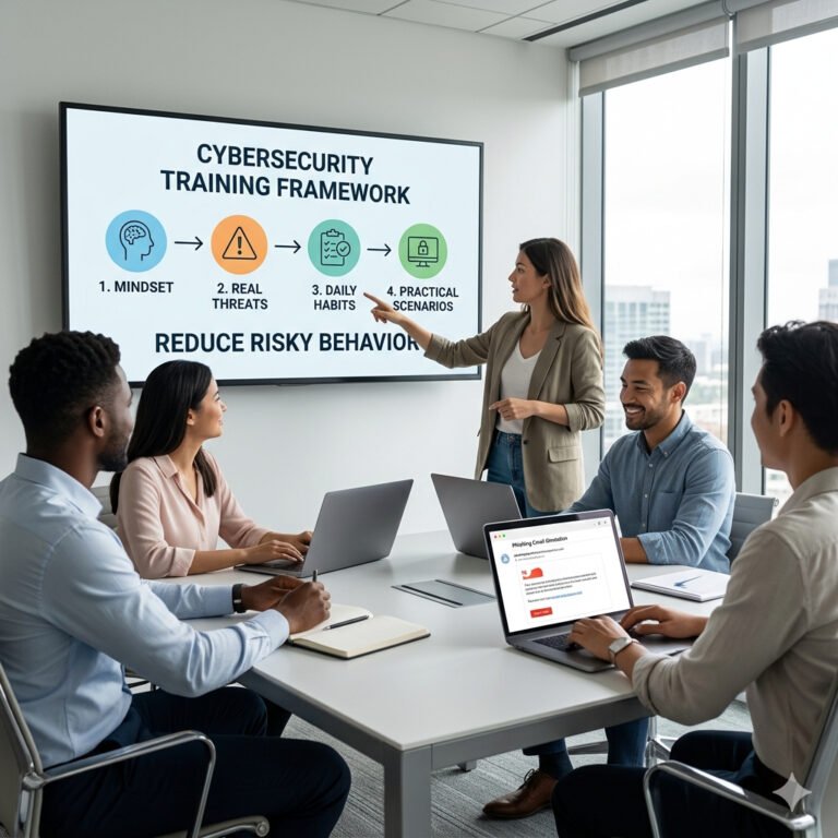 A professional office setting showing a diverse team participating in a cybersecurity training session. A presenter points to a large screen displaying a 4-step framework: Mindset, Real Threats, Daily Habits, and Practical Scenarios, with the slogan "Reduce Risky Behavior."