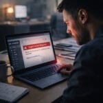 Employee working on laptop with suspicious email on screen, illustrating employee cyber risk and human error in cybersecurity