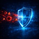 Digital shield blocking red malware threats and protecting a network from cyber attacks
