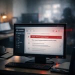 Suspicious payment update email on office computer screen showing small business cyber risks and cybercriminal activity