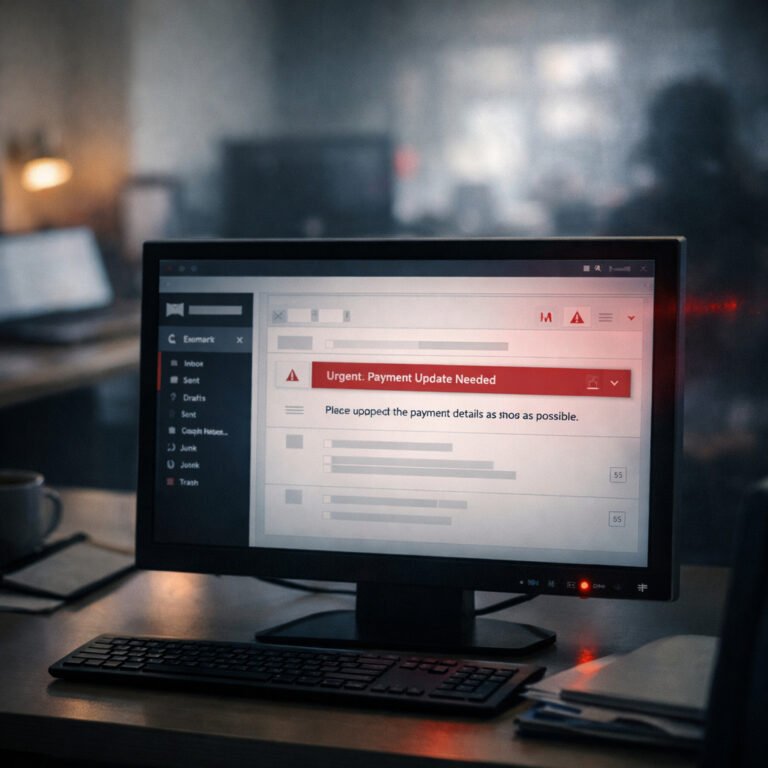 Suspicious payment update email on office computer screen showing small business cyber risks and cybercriminal activity