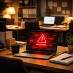 Small cozy office with multiple workstations and a laptop showing a warning message, illustrating small business cybersecurity risks