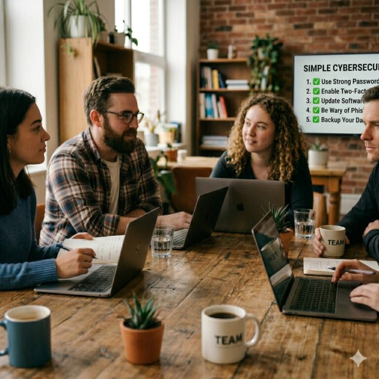 A small office team sitting around a wooden table in a cozy, modern setting, attentively watching a monitor displaying simple cybersecurity tips; each employee has their own laptop and a coffee cup in front of them.
