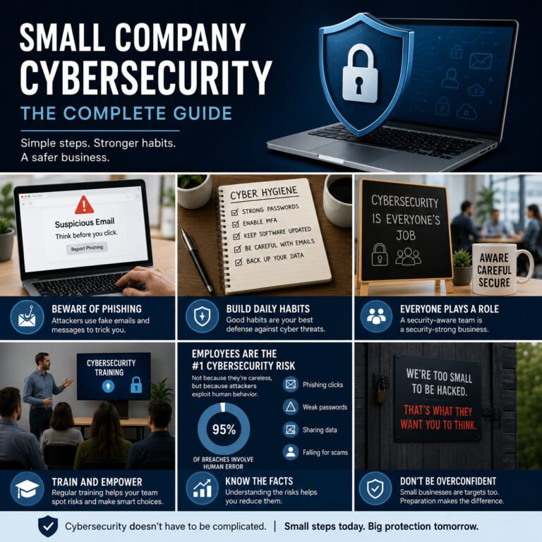 nfographic about small business cybersecurity showing phishing risks, employee training, cyber hygiene, and practical security habits for small companies.