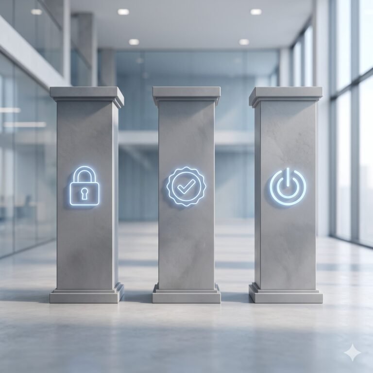 The three pillars of the CIA triad in cybersecurity showing confidentiality integrity and availability principles for business protection.