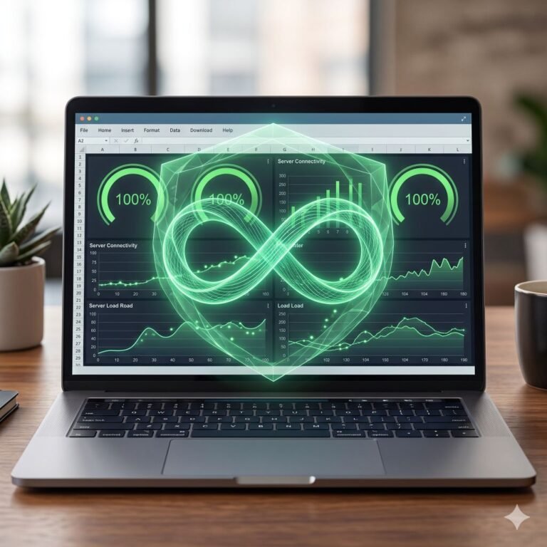 A photorealistic close-up of a laptop displaying a 100% uptime server dashboard with a green infinity loop overlay, representing availability in cybersecurity.