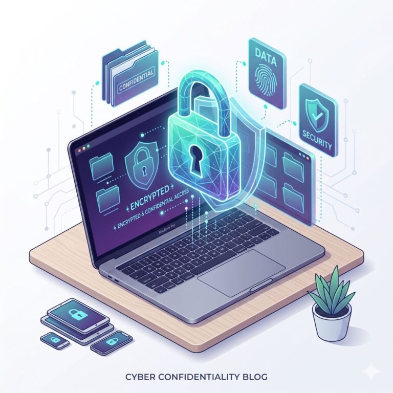 A 3D illustration explaining confidentiality in cybersecurity, featuring a sleek laptop with a glowing holographic padlock and protective shield