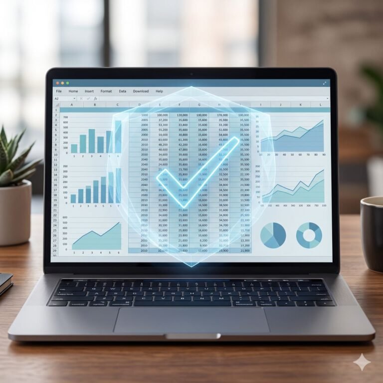 A photorealistic close-up of a laptop displaying accurate financial data protected by a subtle holographic checkmark, representing data integrity in cybersecurity.
