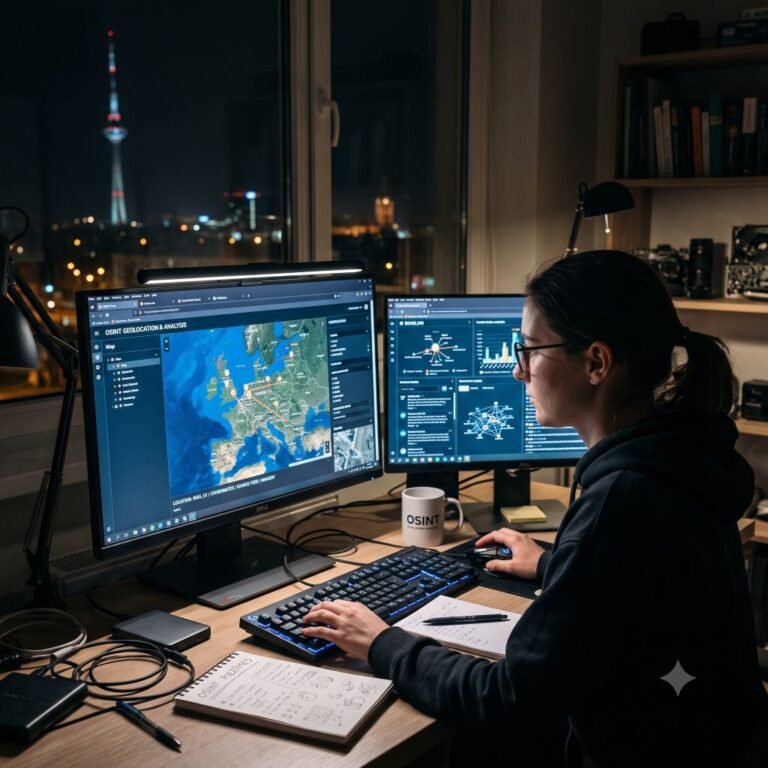 Laptop showing digital data connections alongside a smartphone on a desk, representing open source intelligence (OSINT).